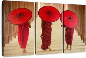 Elephant Stock - Mandalay Burma Monks Wall Art - Horizontal Multi Panel Canvas - 3 Piece Living Room Wall Decor - Photography People Multi Piece Wall Art - Beige And Brown Decor - 33" x 20"