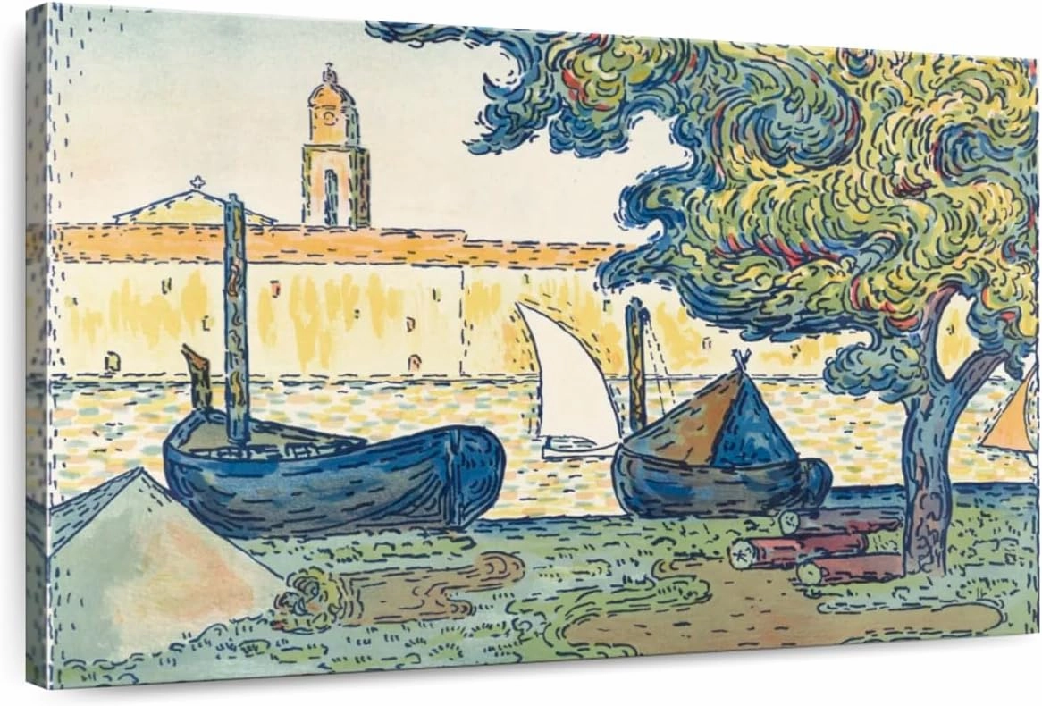 Elephant Stock - Saint-tropez The Port Of St. Tropez Wall Art - Horizontal Canvas Wall Art - Living Room Wall Decor - Painting Port Canvas Art - Beige And Gray Decor by Paul Signac - 12" x 8"