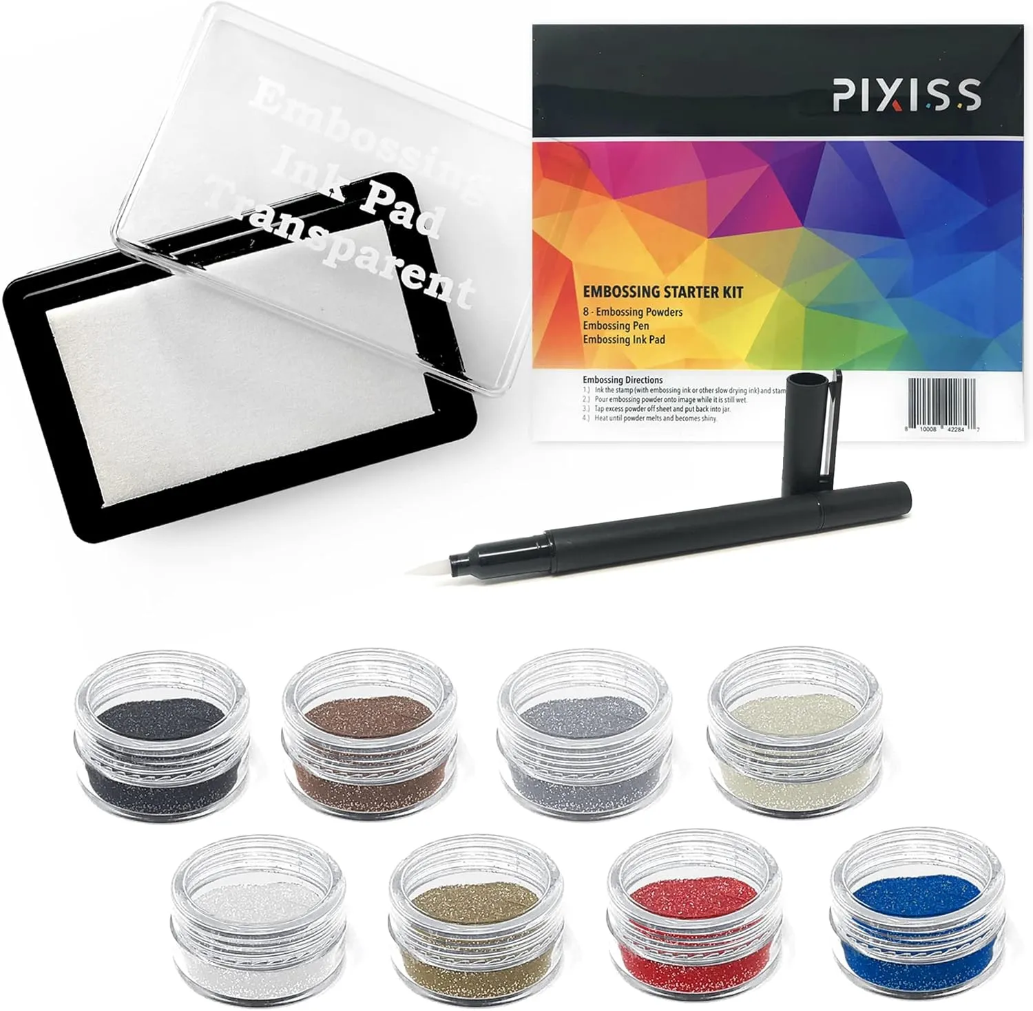 Embossing Kit, Powder, Clear Embossing Pen, Embossing Ink Pad, 8X 10ml Embossing Powders for Use with Embossing Heat Tool for Crafts