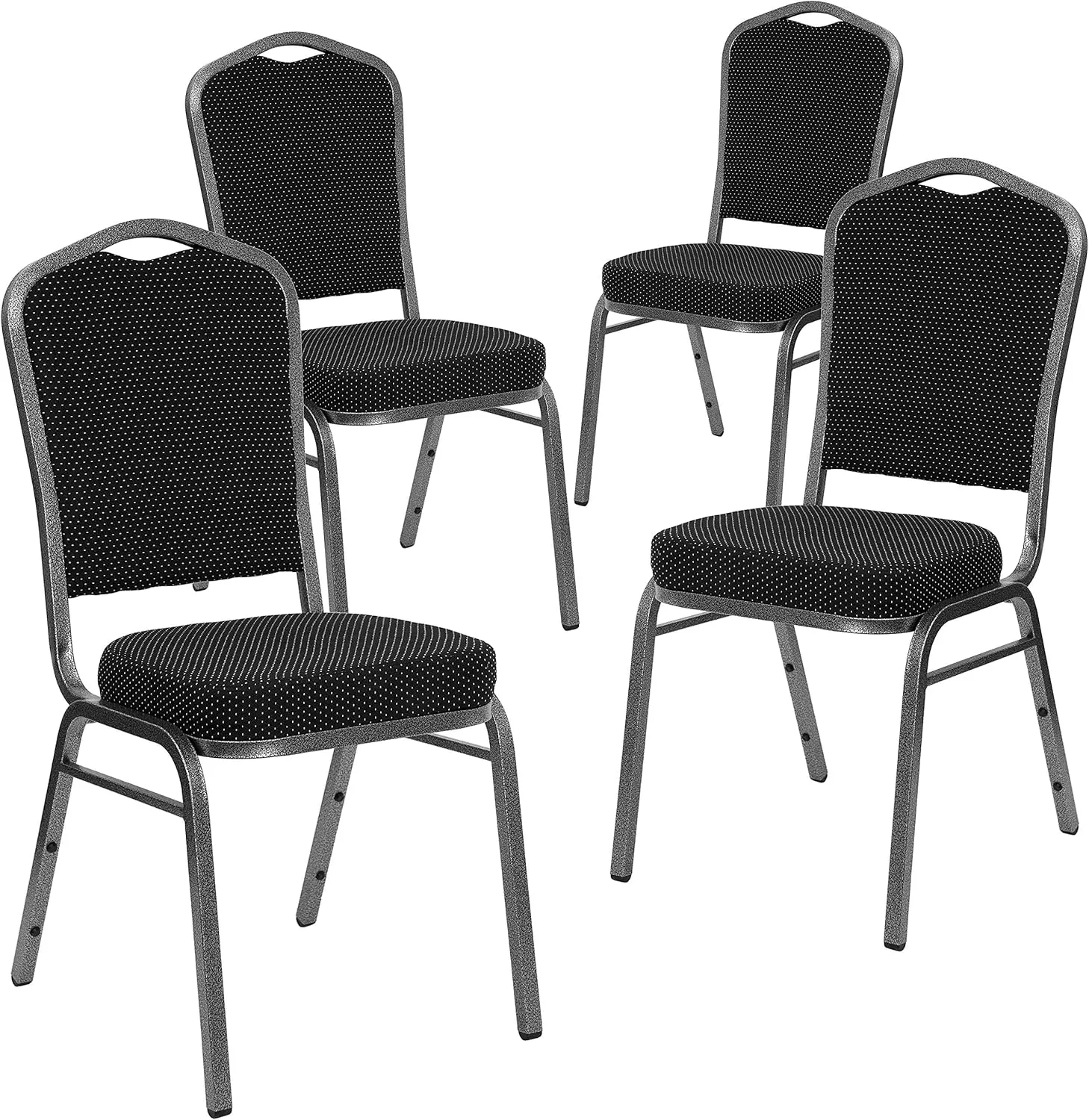 EMMA   OLIVER 4 Pack Crown Back Banquet Stack Chair in Black Dot Fabric - Silver Vein Frame