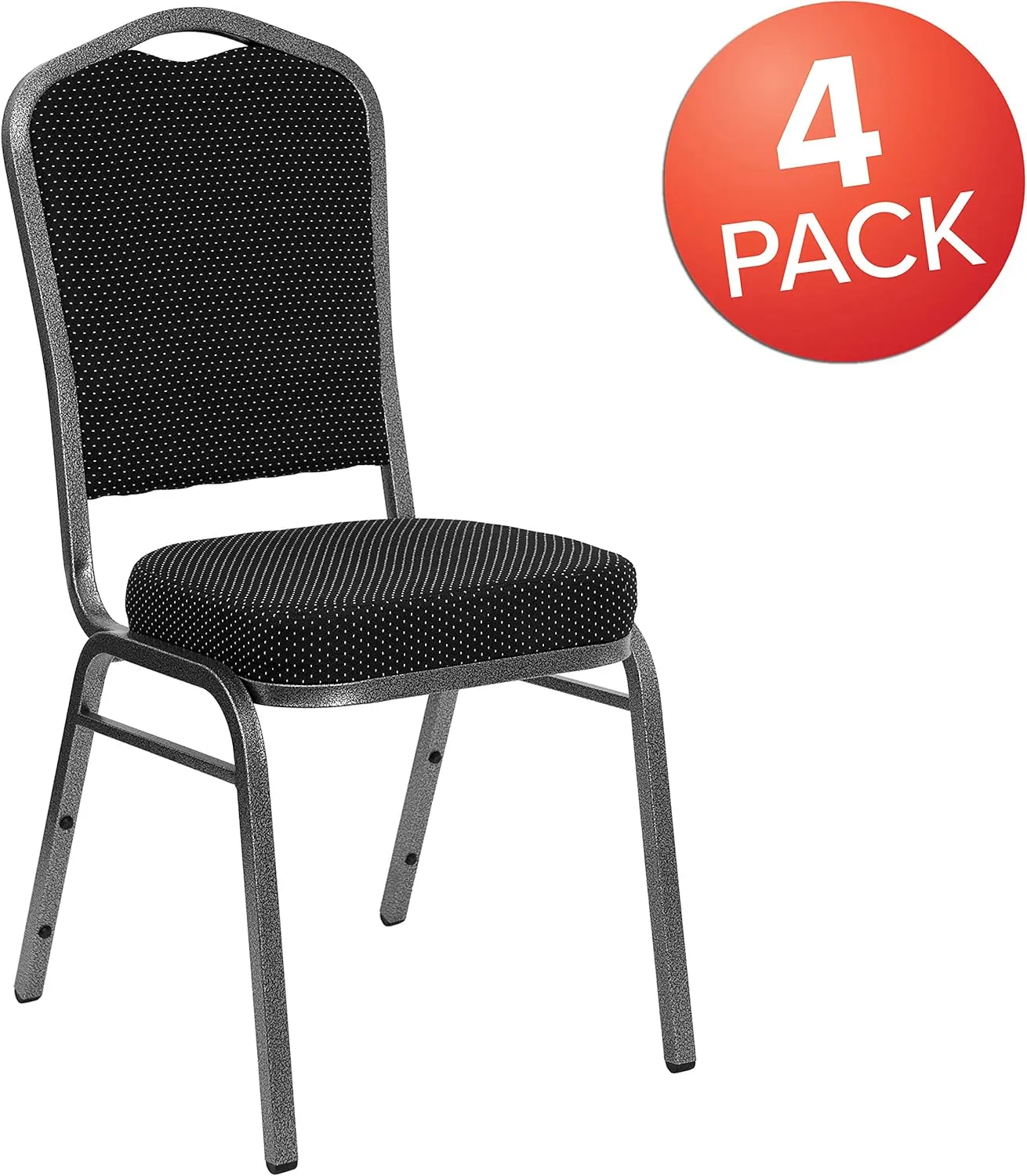 EMMA   OLIVER 4 Pack Crown Back Banquet Stack Chair in Black Dot Fabric - Silver Vein Frame