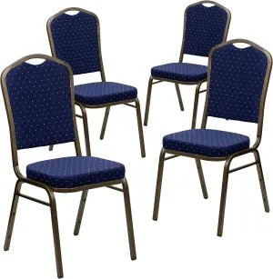 EMMA   OLIVER 4 Pack Crown Back Banquet Stack Chair in Navy Blue Dot Fabric-Gold Vein Frame
