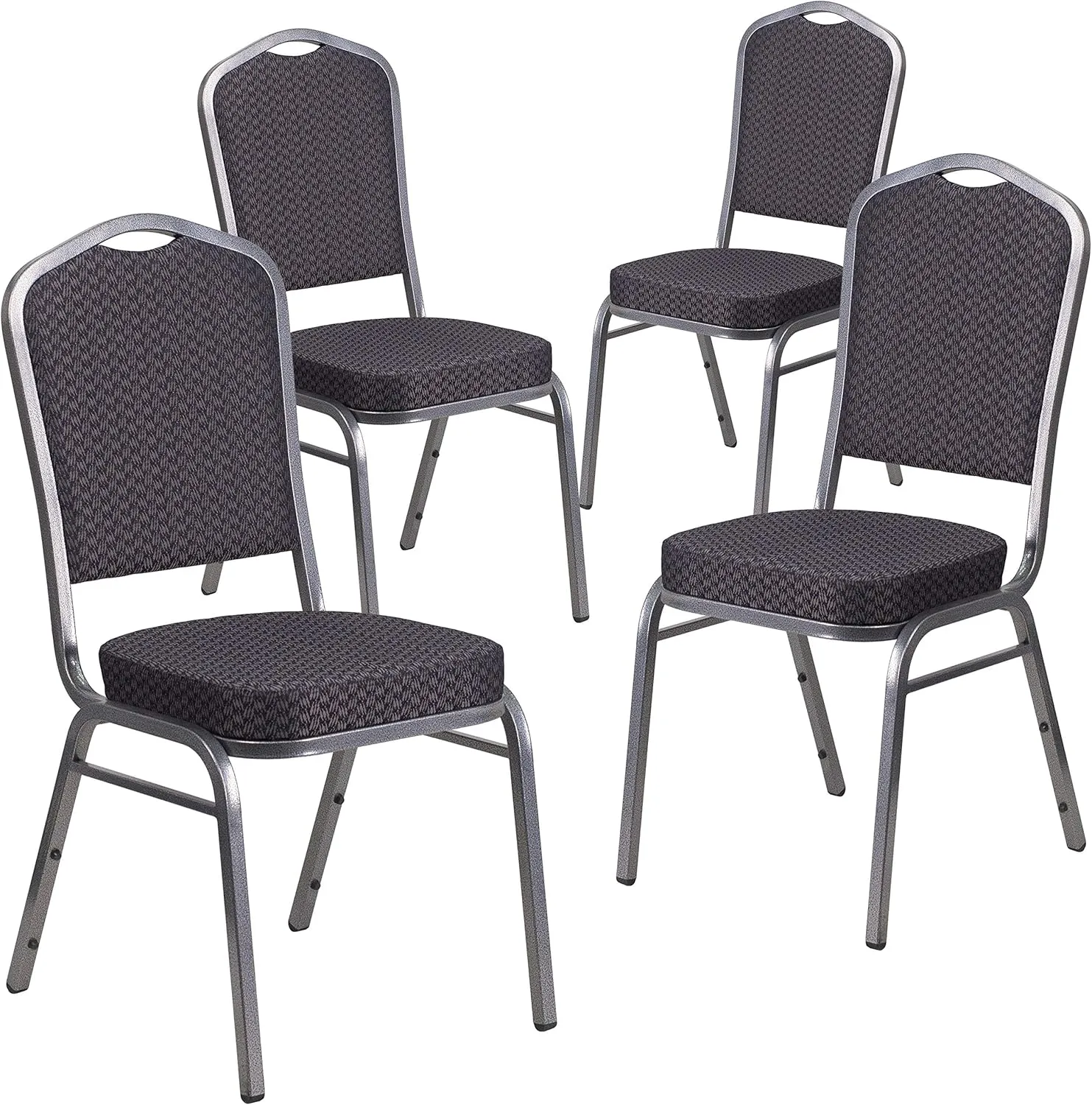 EMMA   OLIVER 4 Pack Crown Back Stack Banquet Chair in Black Pattern Fabric - Silver Vein Frame
