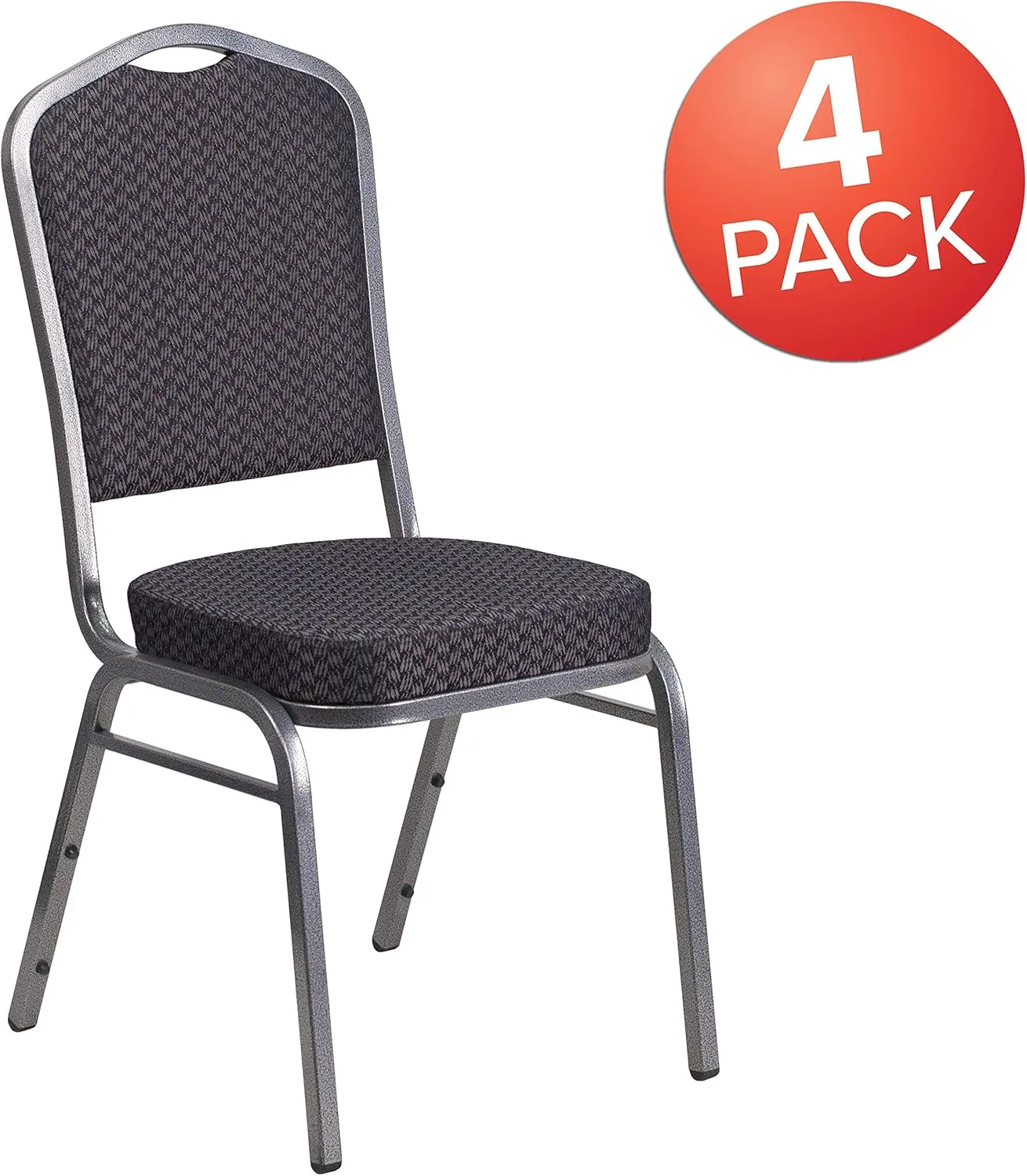 EMMA   OLIVER 4 Pack Crown Back Stack Banquet Chair in Black Pattern Fabric - Silver Vein Frame