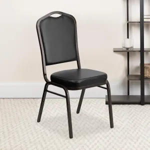 EMMA   OLIVER 4 Pack Crown Back Stacking Banquet Chair in Black Vinyl - Gold Vein Frame