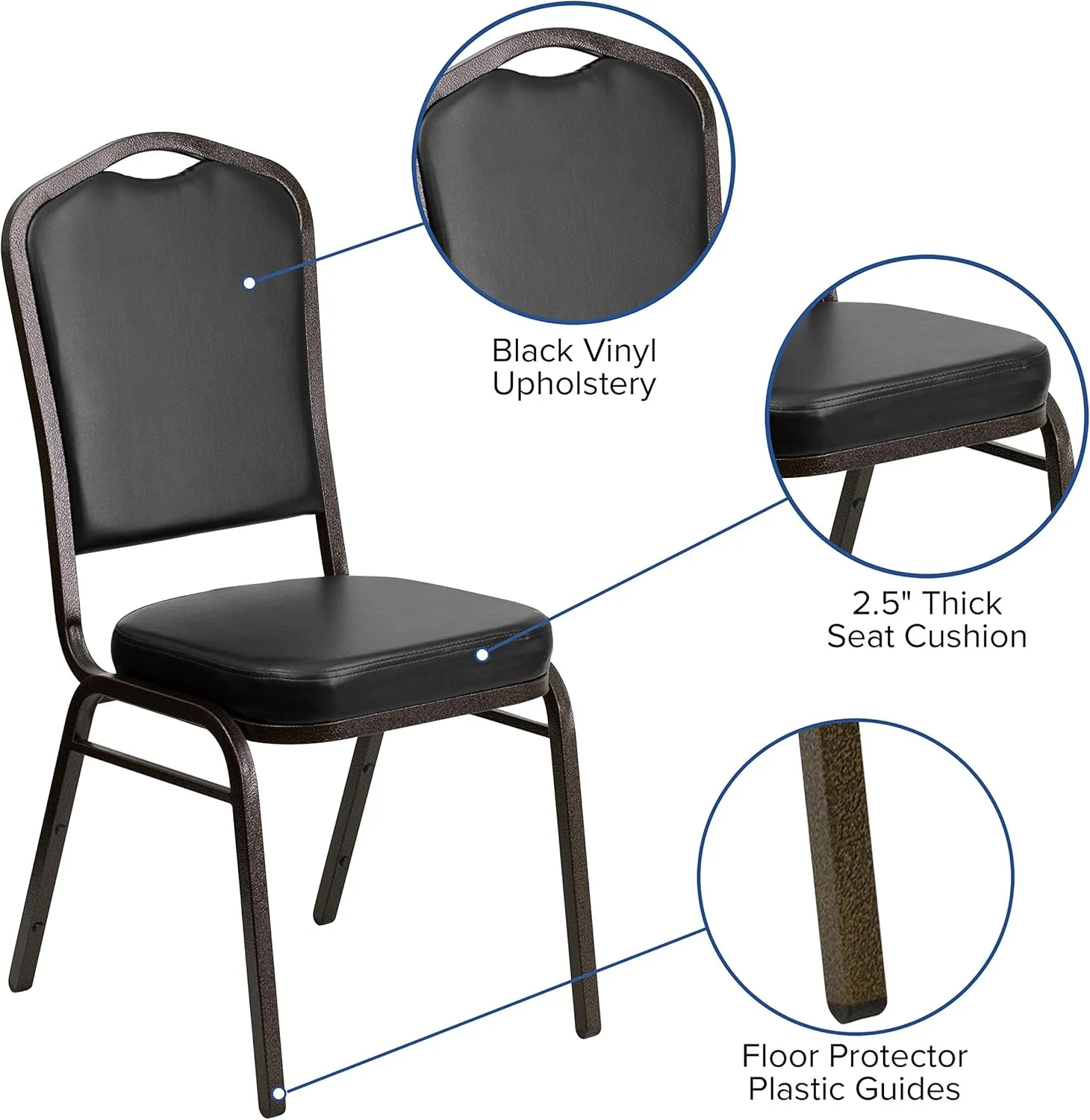 EMMA   OLIVER 4 Pack Crown Back Stacking Banquet Chair in Black Vinyl - Gold Vein Frame