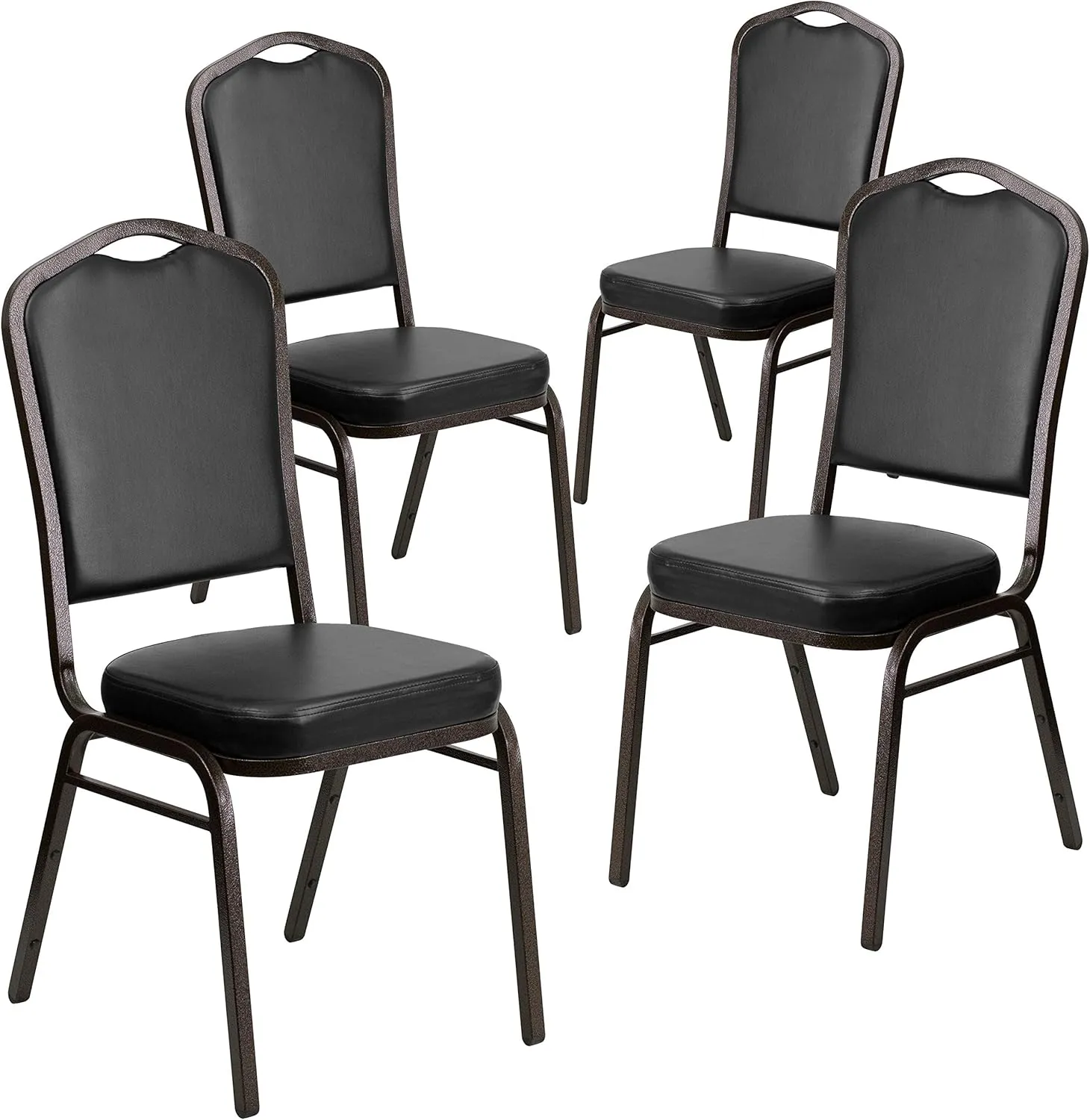 EMMA   OLIVER 4 Pack Crown Back Stacking Banquet Chair in Black Vinyl - Gold Vein Frame