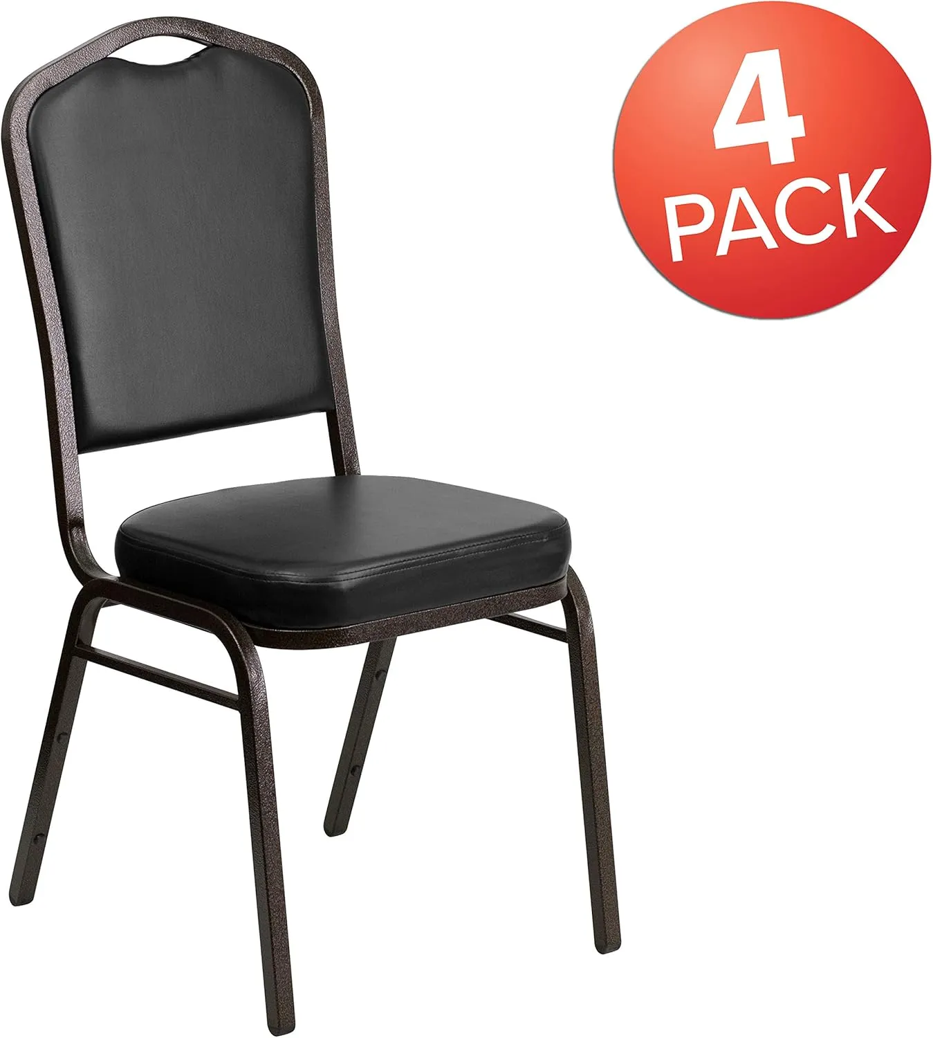 EMMA   OLIVER 4 Pack Crown Back Stacking Banquet Chair in Black Vinyl - Gold Vein Frame