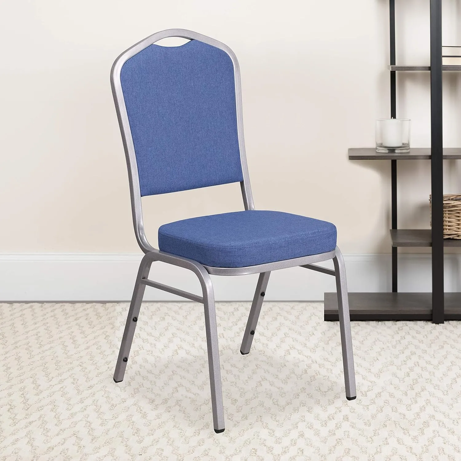 EMMA   OLIVER 4 Pack Crown Back Stacking Banquet Chair in Blue Fabric - Silver Frame