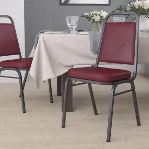 EMMA   OLIVER Trapezoid Back Banquet Chair, Burgundy Vinyl/Silver Vein Frame