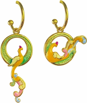 Enamel Asymmetrical Phoenix Earrings, 18K Gold Egyptain Ancient Greece Goddess Artemis Egyptain Jewelry Gifts For Women, Symbol of Luck and Renewal