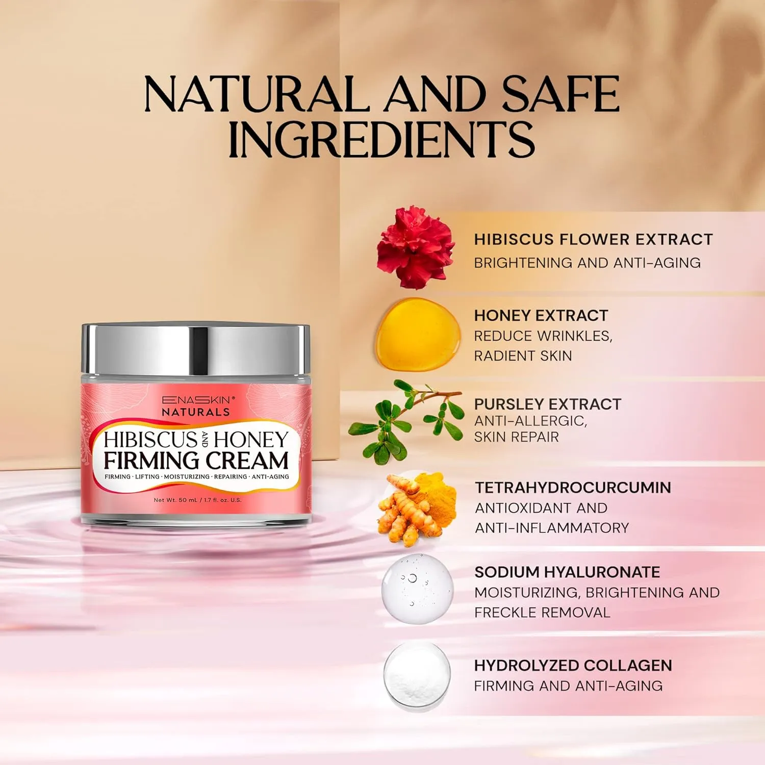 Enaskin Naturals Hibiscus & Honey Firming Cream: 3-in-1 Moisturizer for Tightening, Firming, and Anti-Aging for Face, Neck, Shoulders, and Body, 1.7 Fl Oz