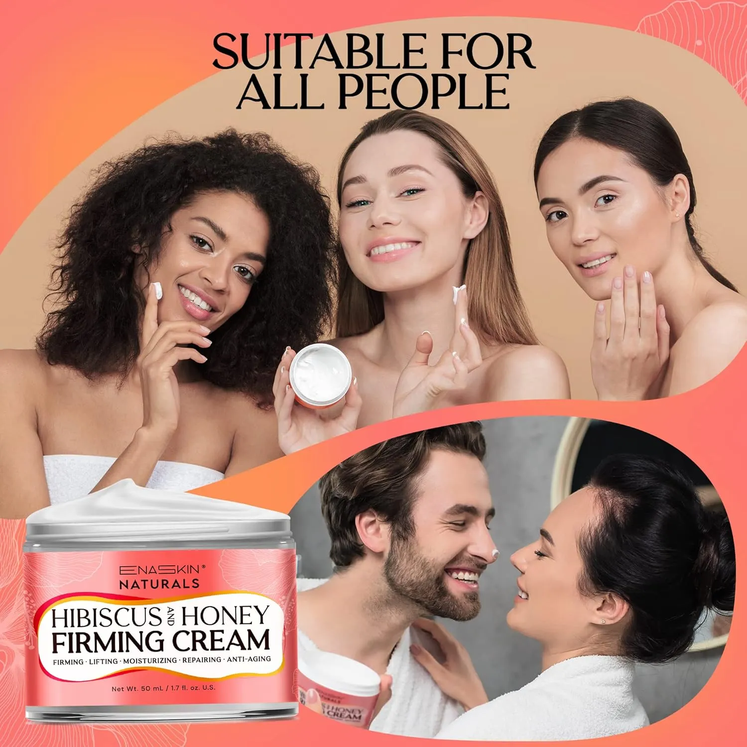 Enaskin Naturals Hibiscus & Honey Firming Cream: 3-in-1 Moisturizer for Tightening, Firming, and Anti-Aging for Face, Neck, Shoulders, and Body, 1.7 Fl Oz