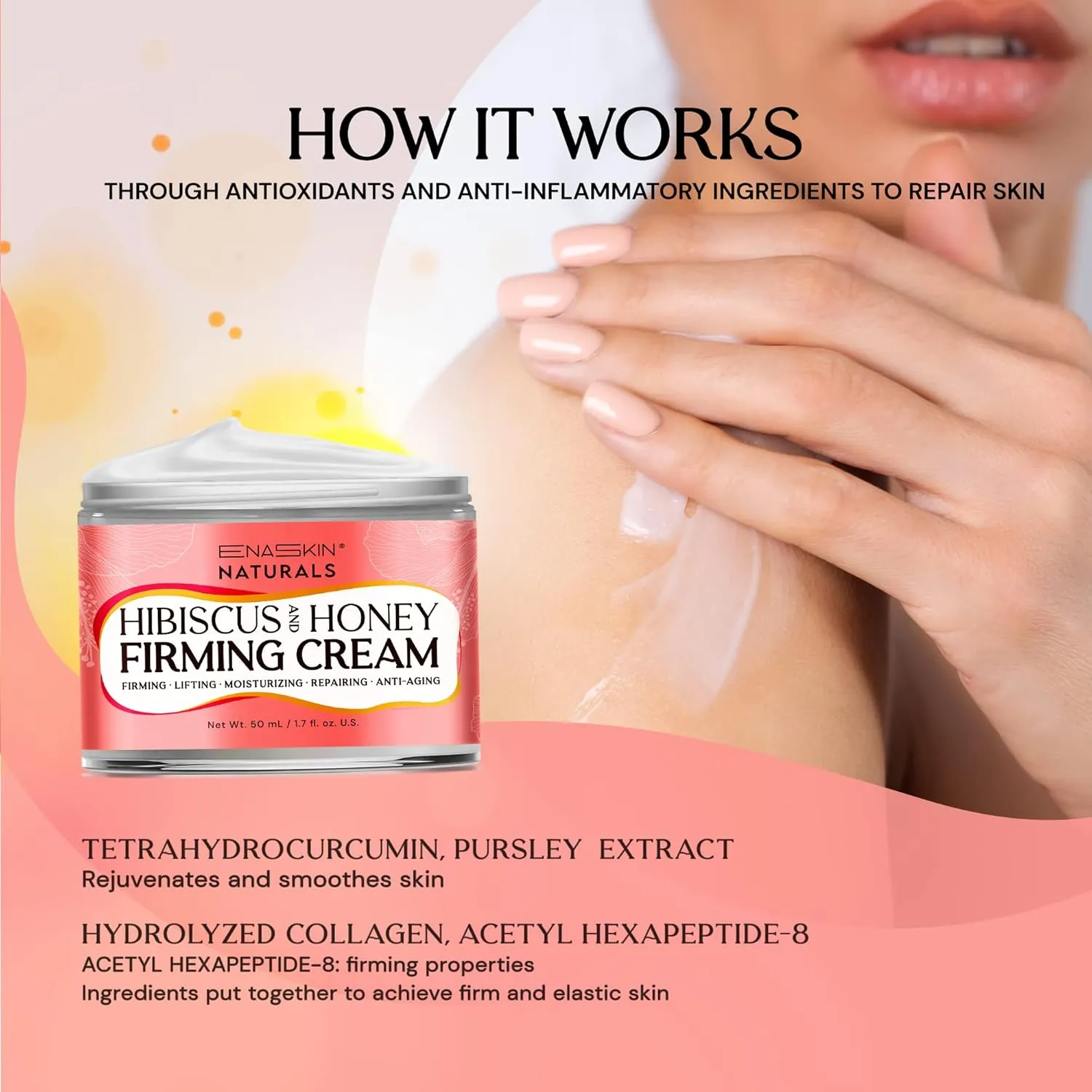 Enaskin Naturals Hibiscus & Honey Firming Cream: 3-in-1 Moisturizer for Tightening, Firming, and Anti-Aging for Face, Neck, Shoulders, and Body, 1.7 Fl Oz