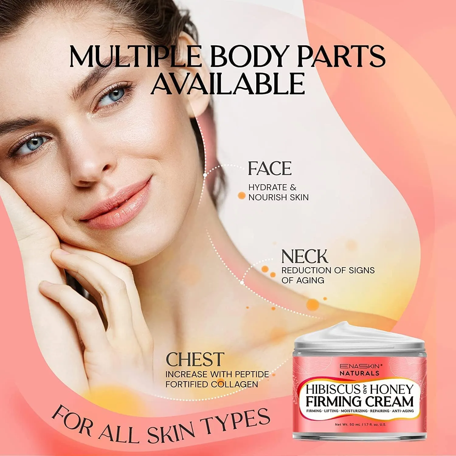Enaskin Naturals Hibiscus & Honey Firming Cream: 3-in-1 Moisturizer for Tightening, Firming, and Anti-Aging for Face, Neck, Shoulders, and Body, 1.7 Fl Oz