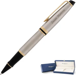Engraved Waterman Expert Capped Rollerball Pen in Stainless with Gold Trim. Personalized Luxury Gift for Graduation or Professional Milestones.