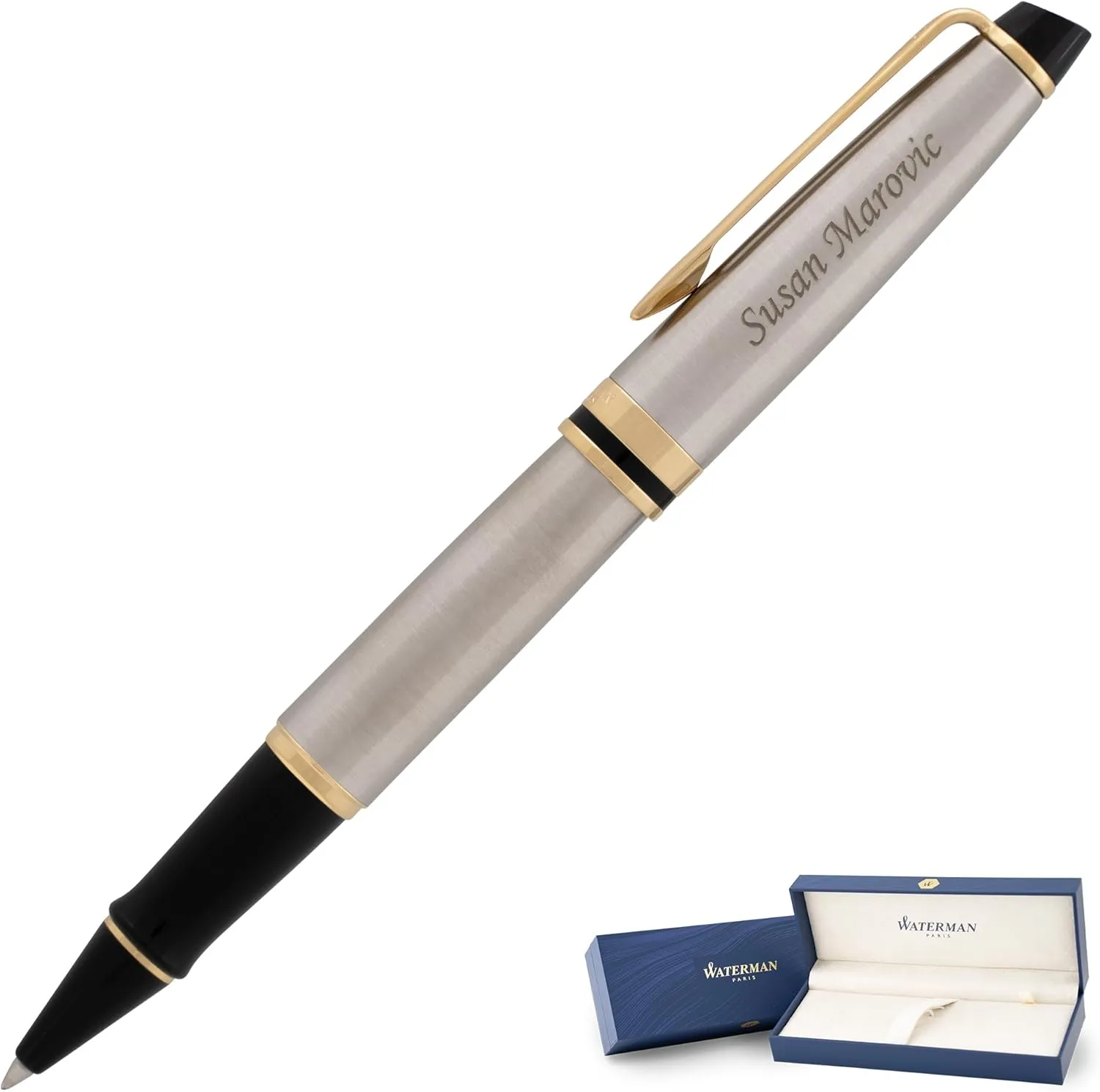 Engraved Waterman Expert Capped Rollerball Pen in Stainless with Gold Trim. Personalized Luxury Gift for Graduation or Professional Milestones.