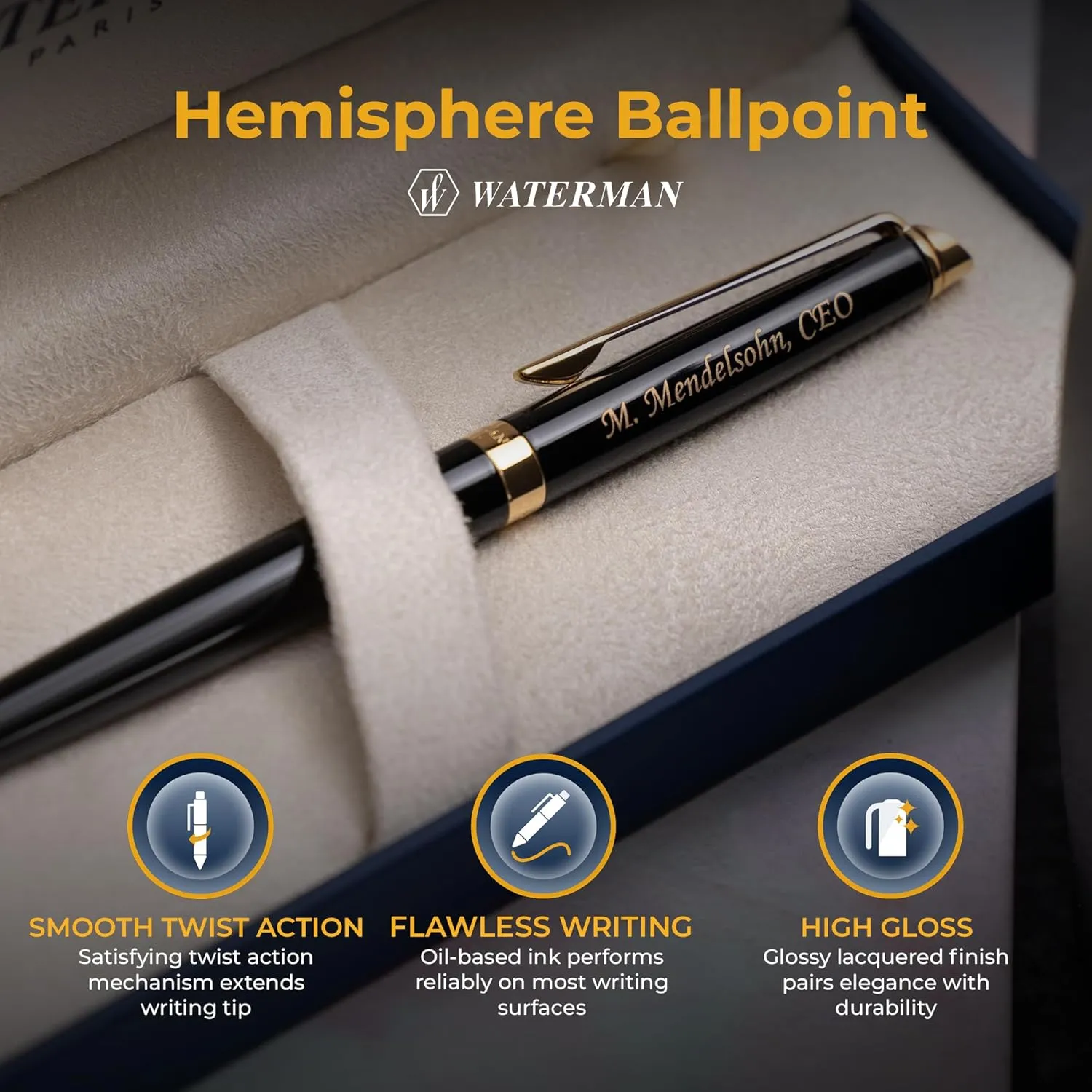 Engraved Waterman Hemisphere Ballpoint Pen in Black Lacquer with Gold Trim. Personalized Executive Gift for Graduation, Professional Milestone, or Office