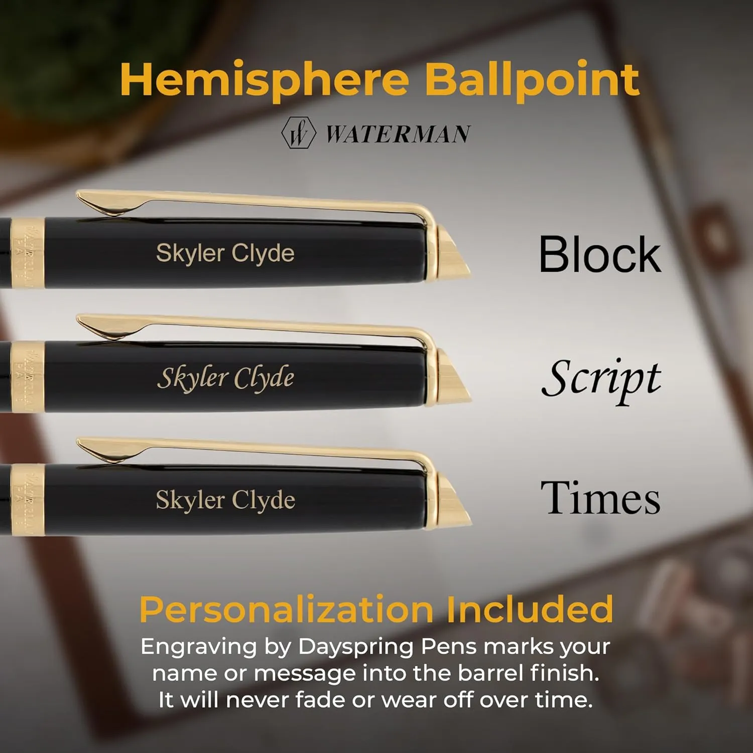 Engraved Waterman Hemisphere Ballpoint Pen in Black Lacquer with Gold Trim. Personalized Executive Gift for Graduation, Professional Milestone, or Office