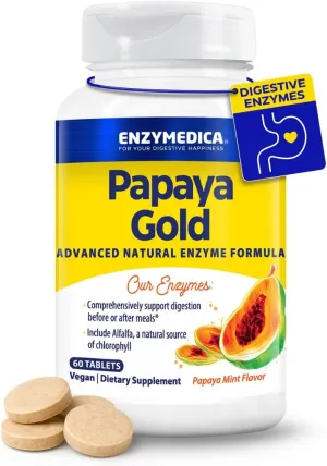 Enzymedica Papaya Gold, Advanced Digestive Enzymes with Natural Organic Papaya & Chlorophyll for Comprehensive Digestion Support, High Potency Bromelain & Papain, Vegan, Mint, 60 Chewable Tablets