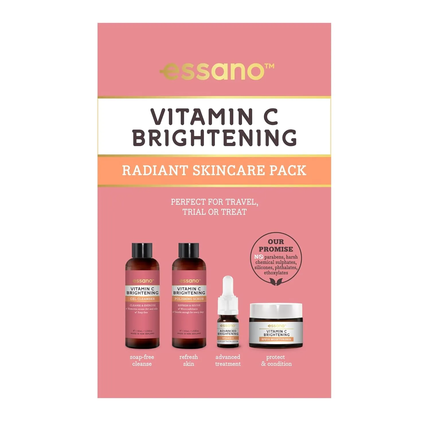 Essano Vitamin C Skin Care Set, Radiant Skincare Pack with Gel Face Cleanser (40ml), Exfoliating Face Scrub (40ml), Facial Serum (3ml), SPF15 Moisturizer (10g), For Travel or Trial, Cruelty Free