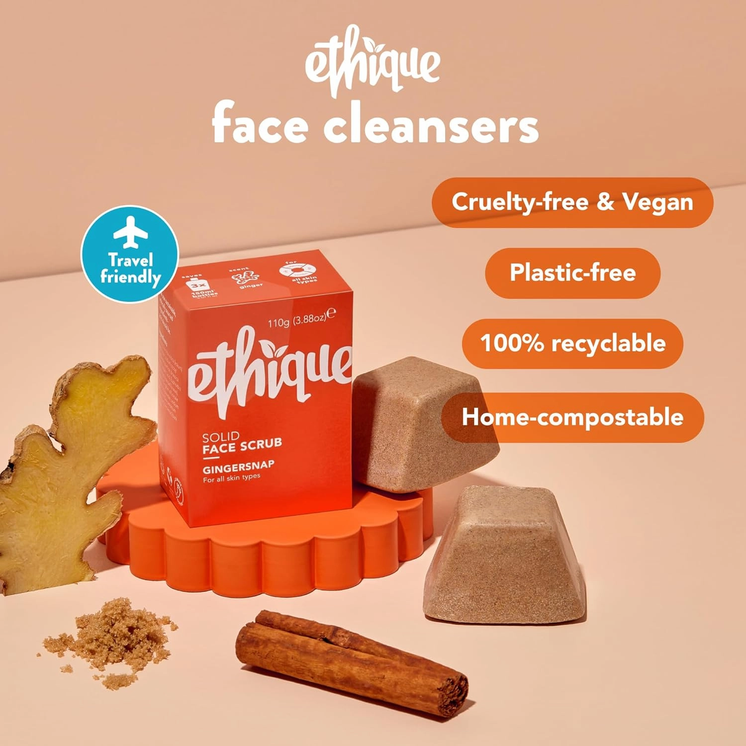 Ethique Gingersnap - Gentle Natural Solid Face Scrub - Exfoliating Face Cleanser for All Skin Types -Vegan, Eco-Friendly- Zero-Waste, Plastic-Free, Cruelty-Free, 3.53 oz (Pack of 1: 4 bars)