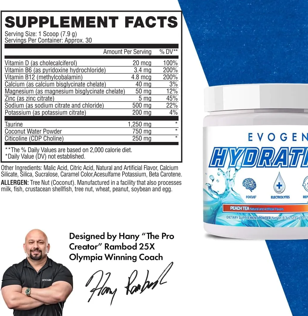 Evogen Hydration - Electrolytes Powder | Sugar-Free Electrolyte Powder Supplement for Hydration, Energy, and Recovery | Coconut Water, B Vitamins, Potassium | Peach Tea| 30 Servings