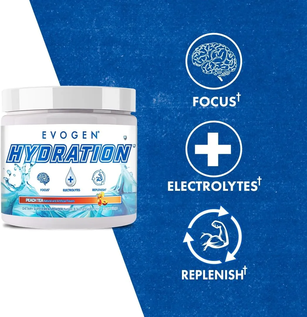 Evogen Hydration - Electrolytes Powder | Sugar-Free Electrolyte Powder Supplement for Hydration, Energy, and Recovery | Coconut Water, B Vitamins, Potassium | Peach Tea| 30 Servings