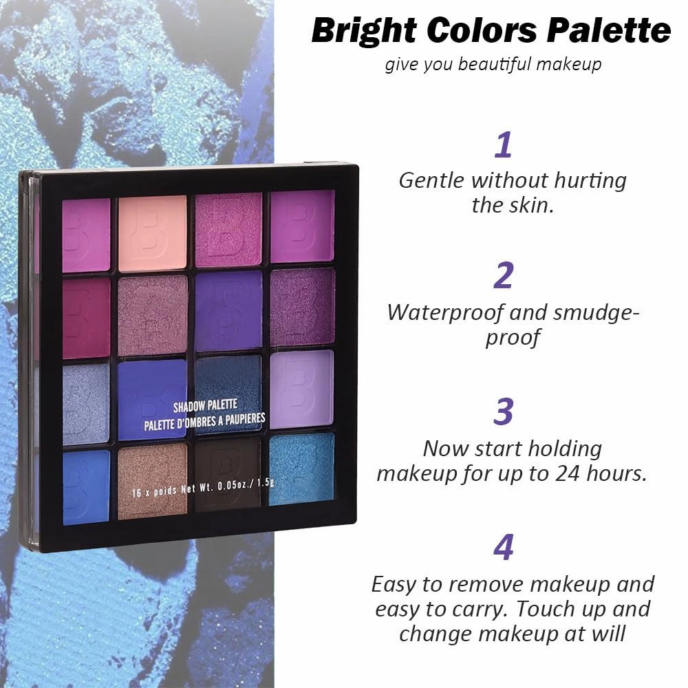 evpct 16 Colors Glitter Shimmer Matte Light Navy Blue Purple Pink Eyeshadow Makeup Palette Pallet Waterproof Highly Pigmented Smokey Pressed Sparkly Shiny Eye Shadow paletas de sombras para de ojos