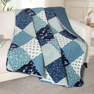 Exclusivo Mezcla Microfiber Boho Patchwork Pattern Quilted Throw Blanket for Bed/Couch/Sofa, Reversible Summer Versatile Lap Quilt Throws Soft and Lightweight (50"x 60", Blue)
