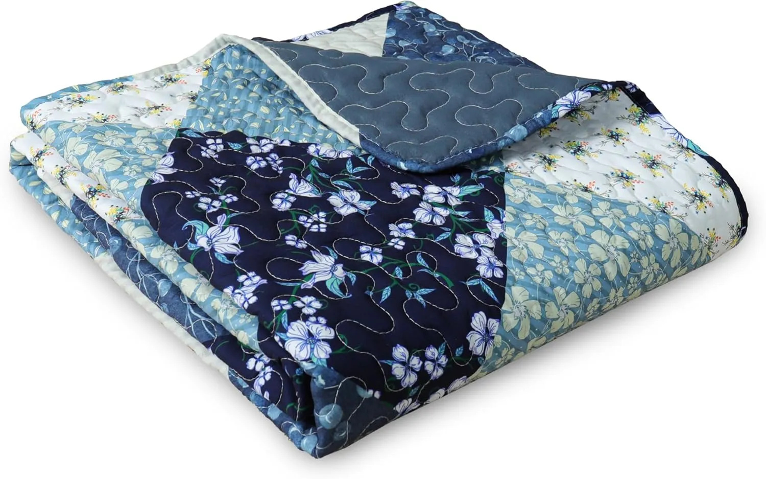 Exclusivo Mezcla Microfiber Boho Patchwork Pattern Quilted Throw Blanket for Bed/Couch/Sofa, Reversible Summer Versatile Lap Quilt Throws Soft and Lightweight (50"x 60", Blue)