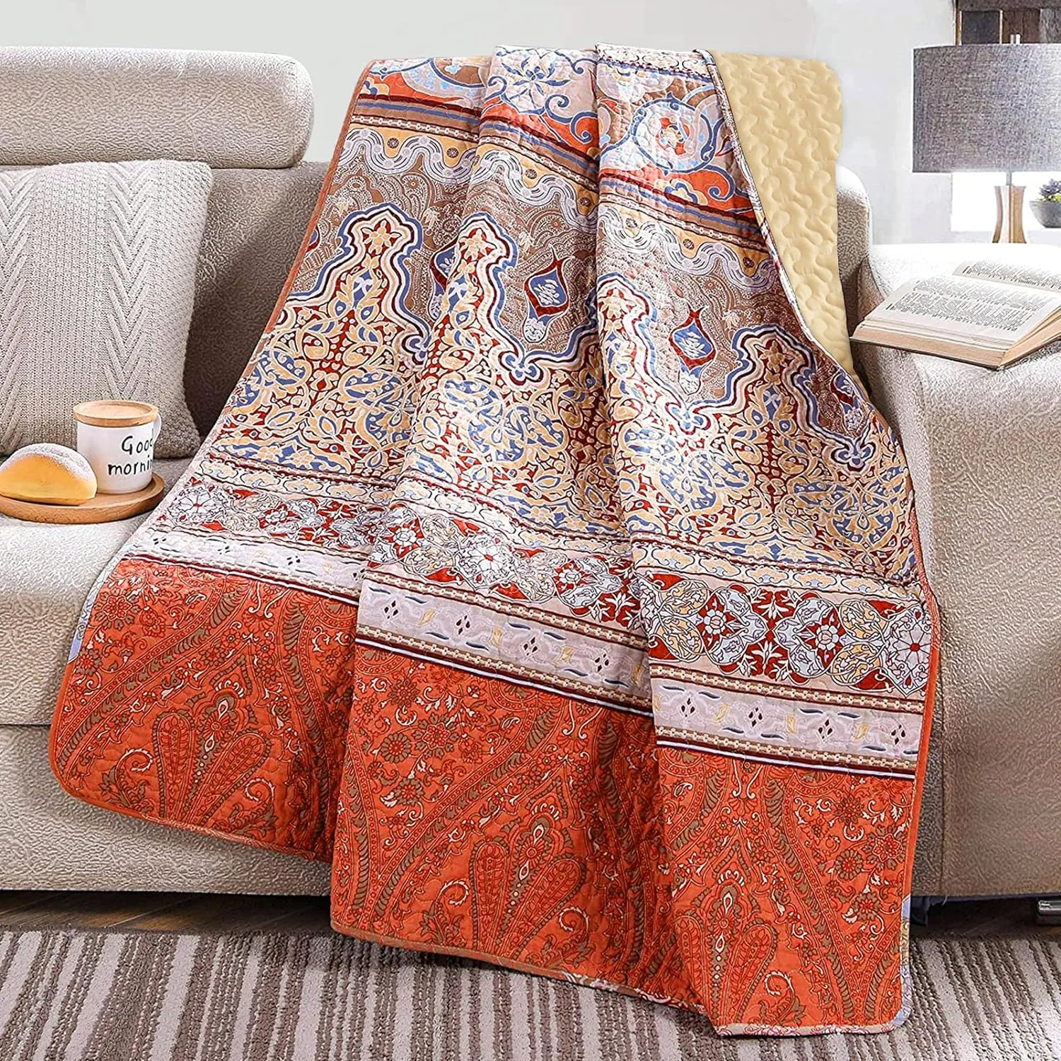 Exclusivo Mezcla Reversible Microfiber Boho Striped Pattern Quilted Throw Blanket for Bed/Couch/Sofa, Reversible Summer Versatile Lap Quilt Throws Soft and Lightweight (50"x 60", Bohemian Brick-Red)