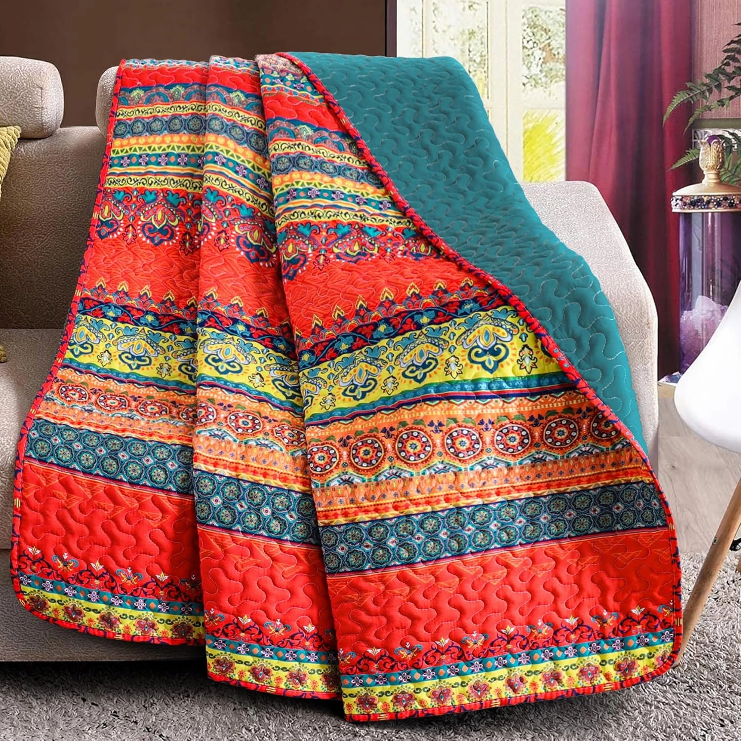 Exclusivo Mezcla Reversible Microfiber Boho Striped Pattern Quilted Throw Blanket for Bed/Couch/Sofa, Reversible Summer Versatile Lap Throws Soft and Lightweight (50"x 60", Bohemian Red and Blue)