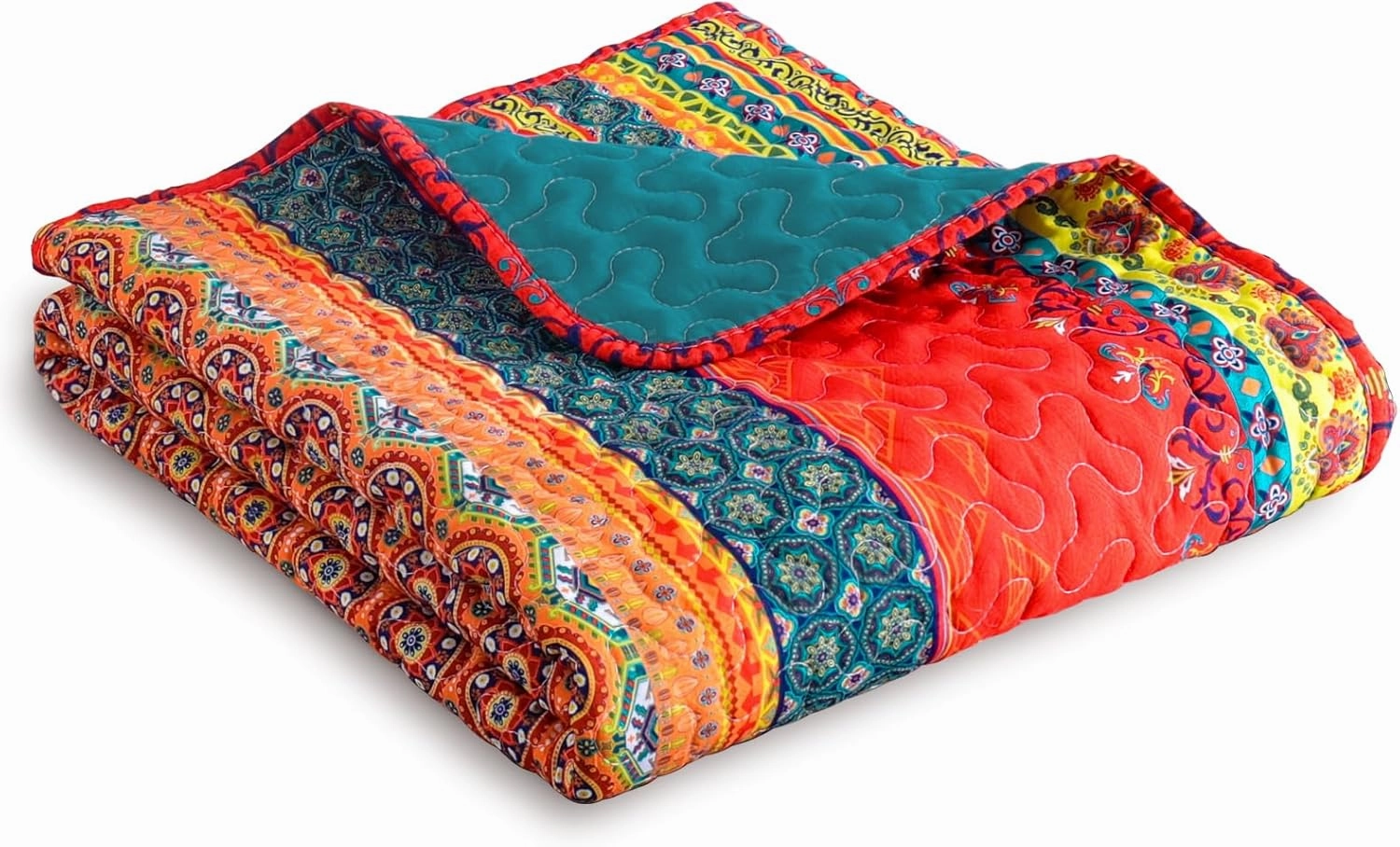 Exclusivo Mezcla Reversible Microfiber Boho Striped Pattern Quilted Throw Blanket for Bed/Couch/Sofa, Reversible Summer Versatile Lap Throws Soft and Lightweight (50"x 60", Bohemian Red and Blue)