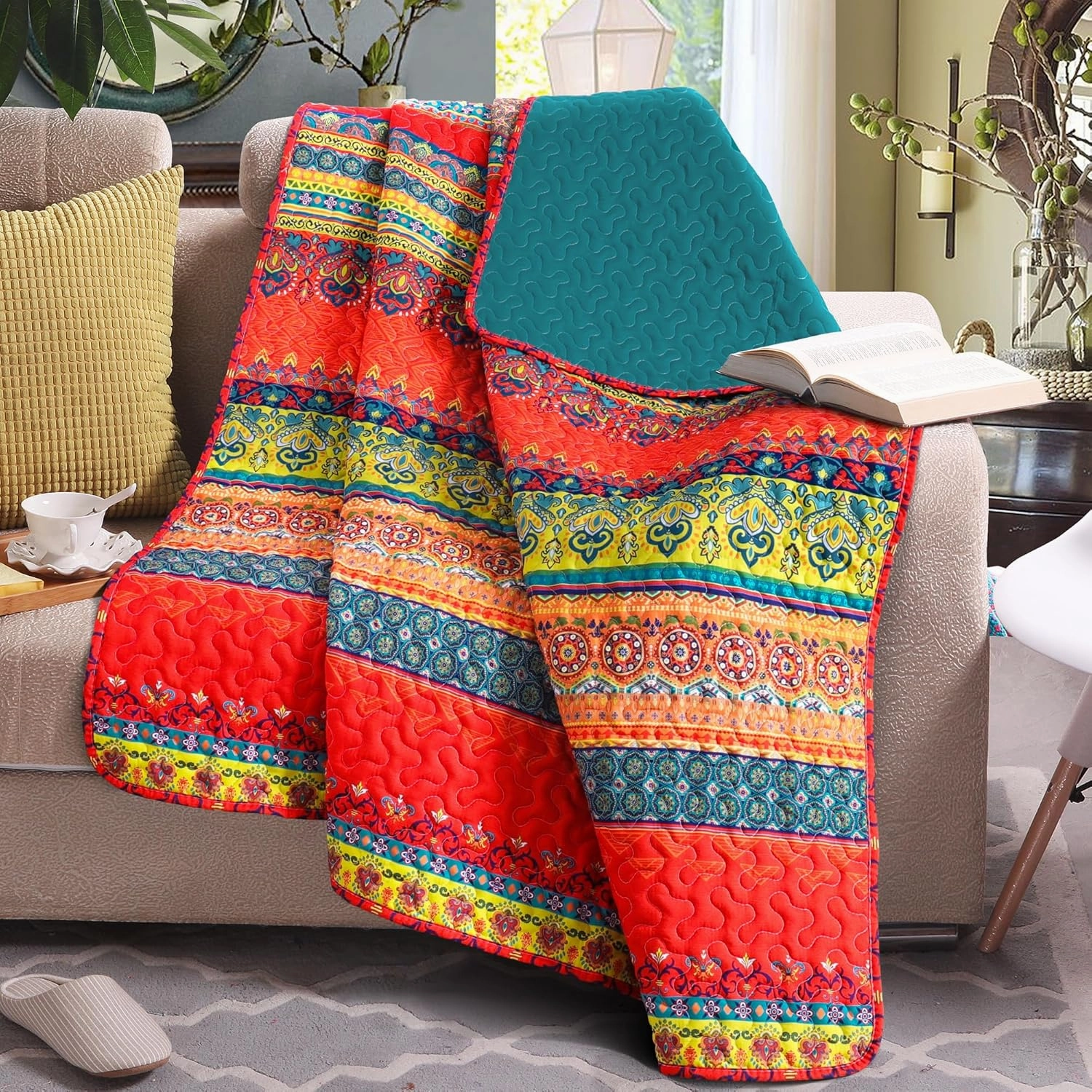Exclusivo Mezcla Reversible Microfiber Boho Striped Pattern Quilted Throw Blanket for Bed/Couch/Sofa, Reversible Summer Versatile Lap Throws Soft and Lightweight (50"x 60", Bohemian Red and Blue)