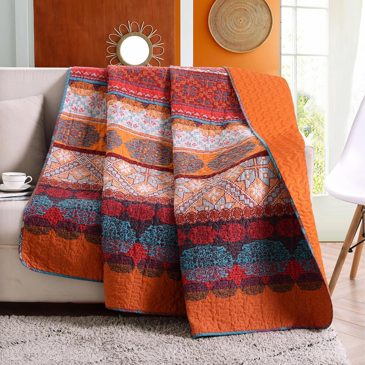 Exclusivo Mezcla Reversible Microfiber Boho Striped Pattern Quilted Throw Blanket for Bed/Couch/Sofa, Reversible Summer Versatile Lap Throws Soft and Lightweight (50"x 60", Bohemian Red and Orange)