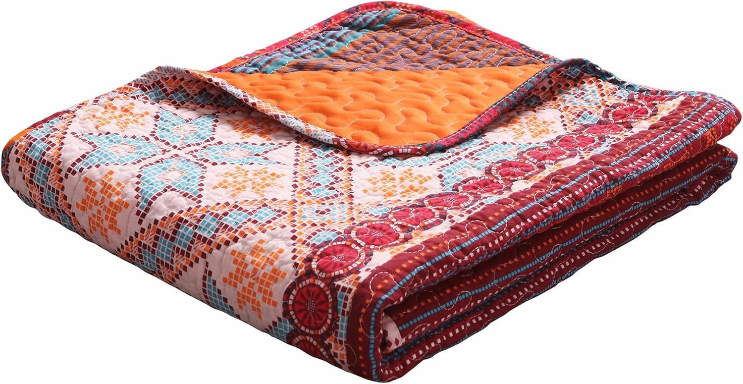 Exclusivo Mezcla Reversible Microfiber Boho Striped Pattern Quilted Throw Blanket for Bed/Couch/Sofa, Reversible Summer Versatile Lap Throws Soft and Lightweight (50"x 60", Bohemian Red and Orange)