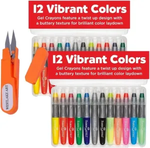 Faber Castell Gel Crayons, 12 Vibrant Colors - Twistable Markers Bundle With Embroidery Scissors - Gel Crayons For Kids And Adults With Portable Case, Ideal For Blending~ [Pack Of 2]