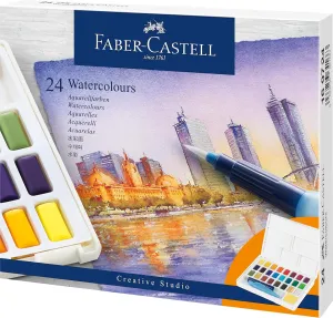 Faber-Castell Portable Watercolor Set Water Half Pans with Mixing Palette and Painting Accessories, 24 Count (Pack of 1), 24 Colors