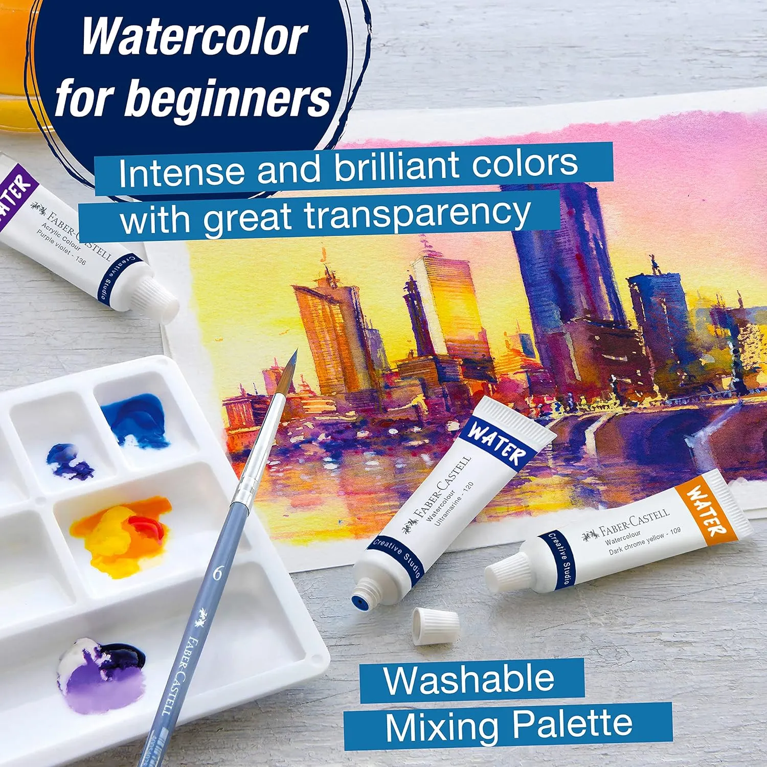 Faber-Castell Watercolor Paint Set - 24 Tubes of Liquid Watercolors (9ml) and Mixing Paint Palette - Art Supplies for Adults and Hobby Artists