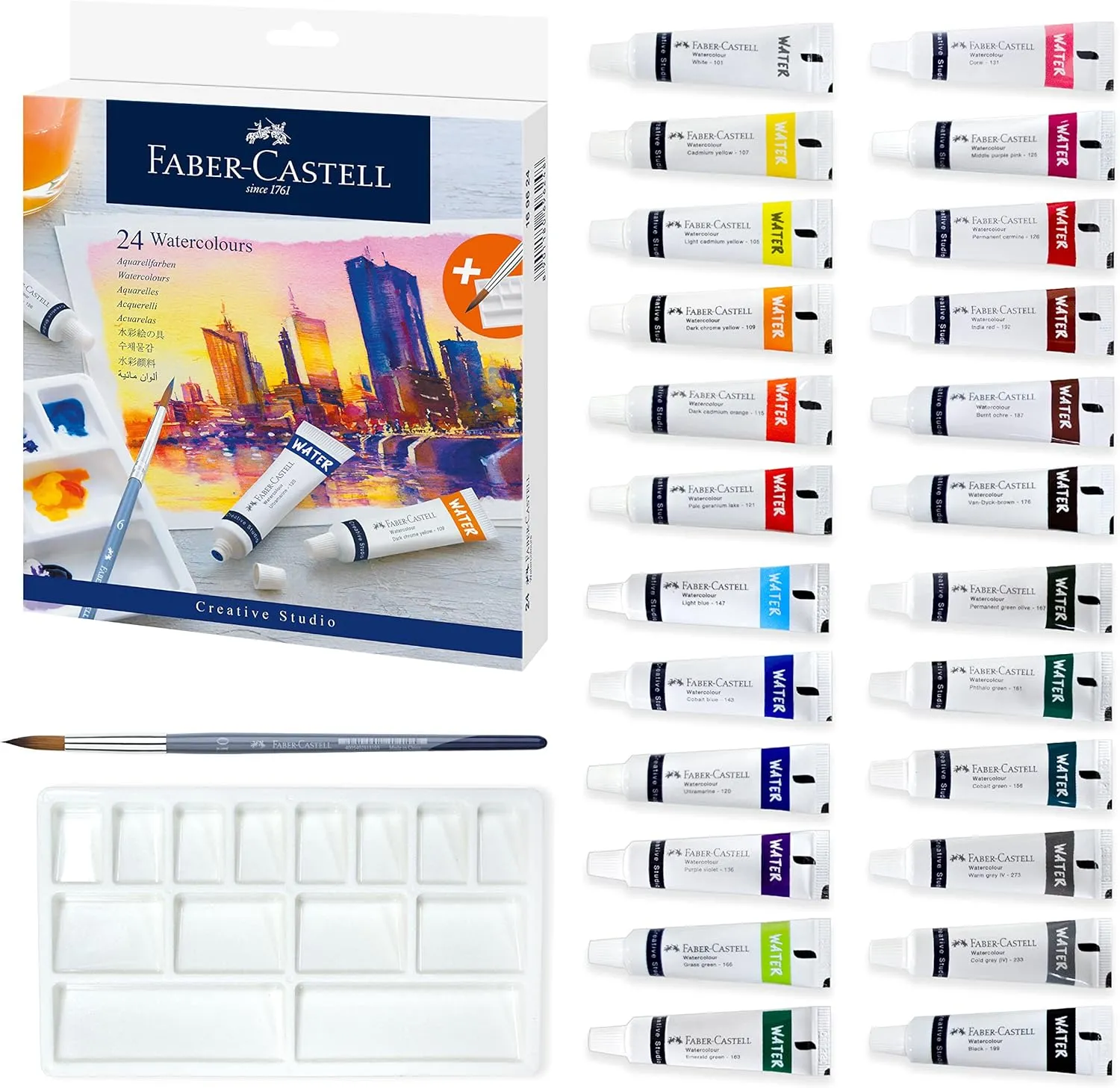 Faber-Castell Watercolor Paint Set - 24 Tubes of Liquid Watercolors (9ml) and Mixing Paint Palette - Art Supplies for Adults and Hobby Artists