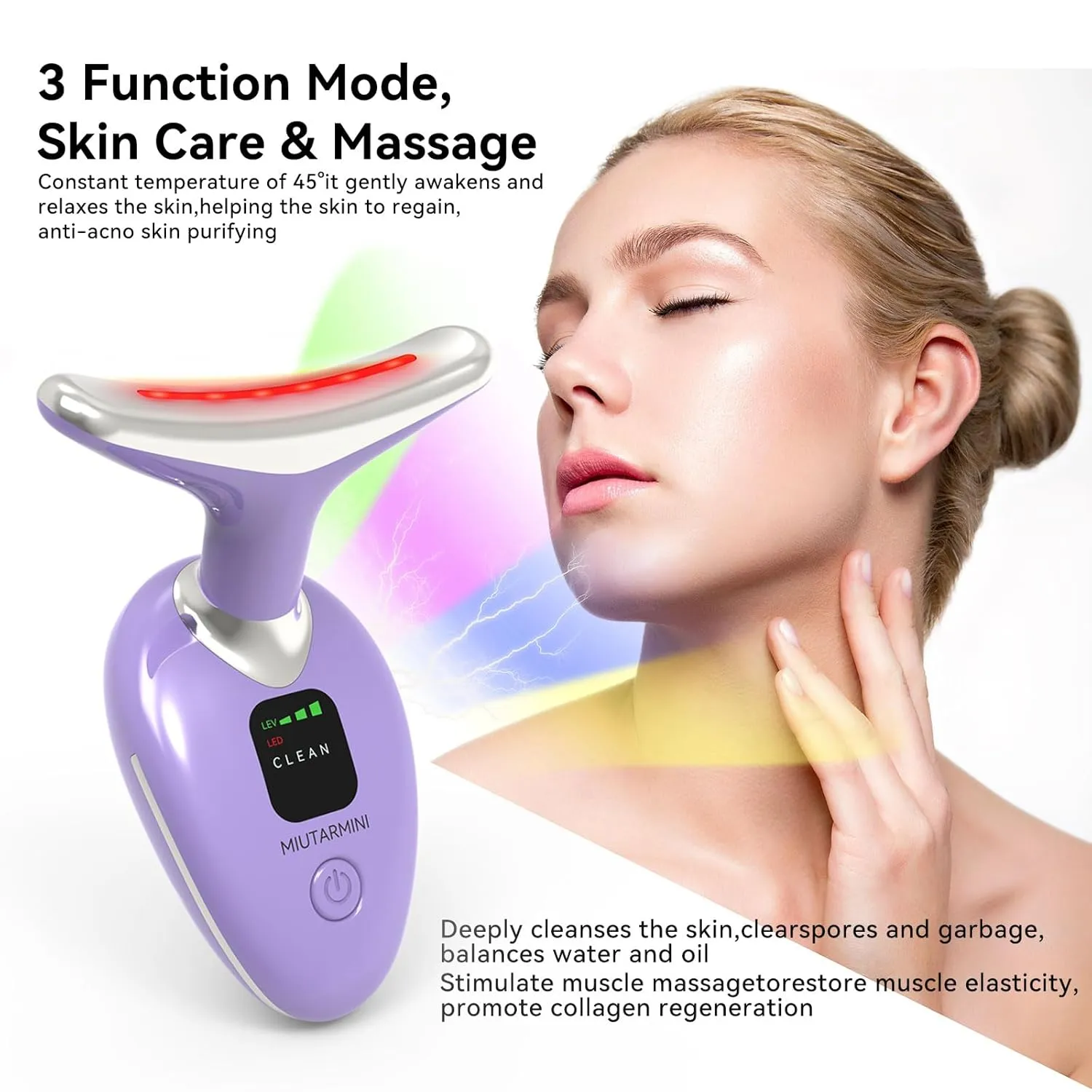 Facial & Neck Massager with Red Light Therapy | 7-Color LED Face Sculpting Wand | at-Home Skincare Tool for Women (Purple)