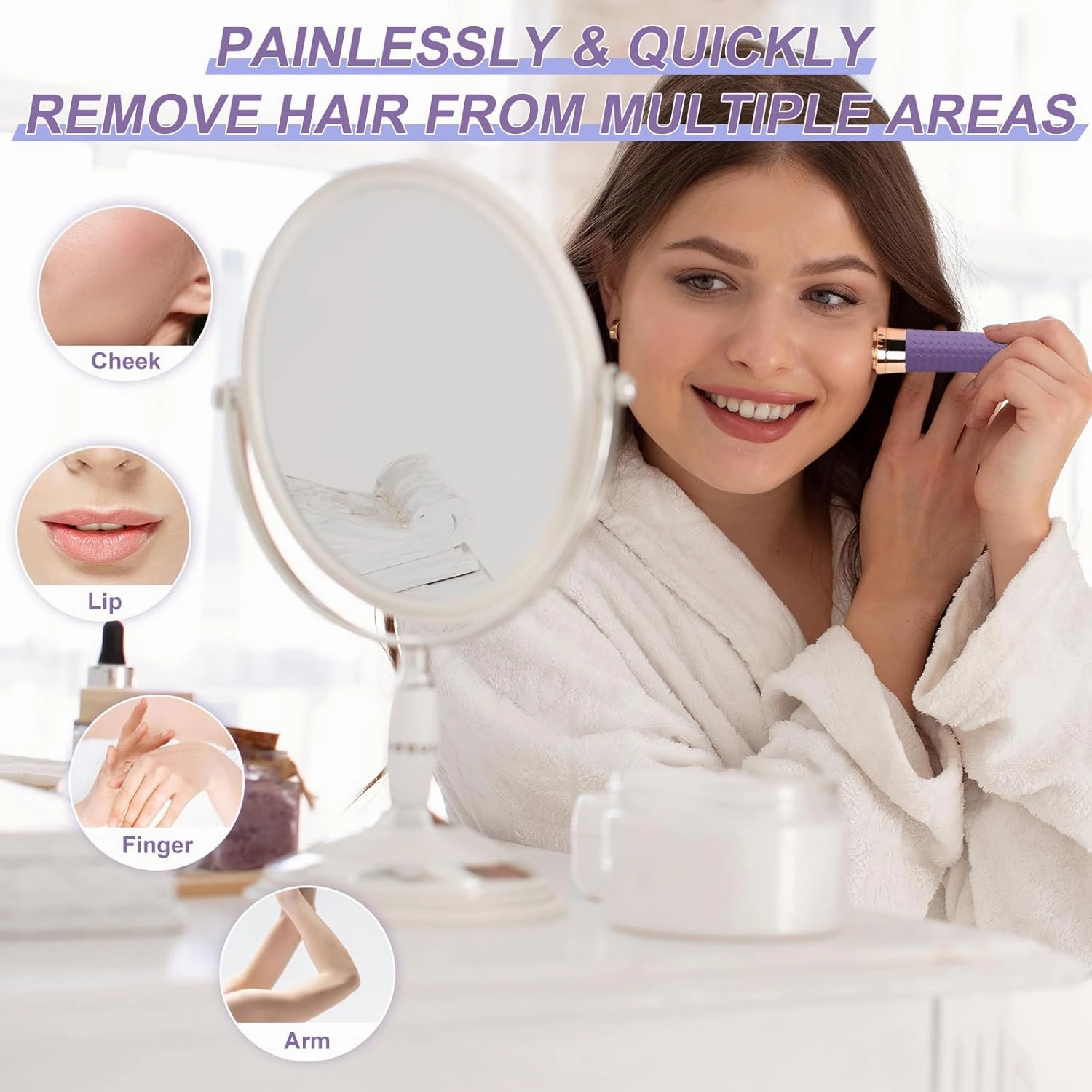 Facial Hair Remover for Women, Painless Rechargeable Hair Removal Device, Comes with 2 Replacement Heads, Portable Electric Shaver/Razors for Face, Chin, Upper Lip, arms and Peach Fuzz (Pink)