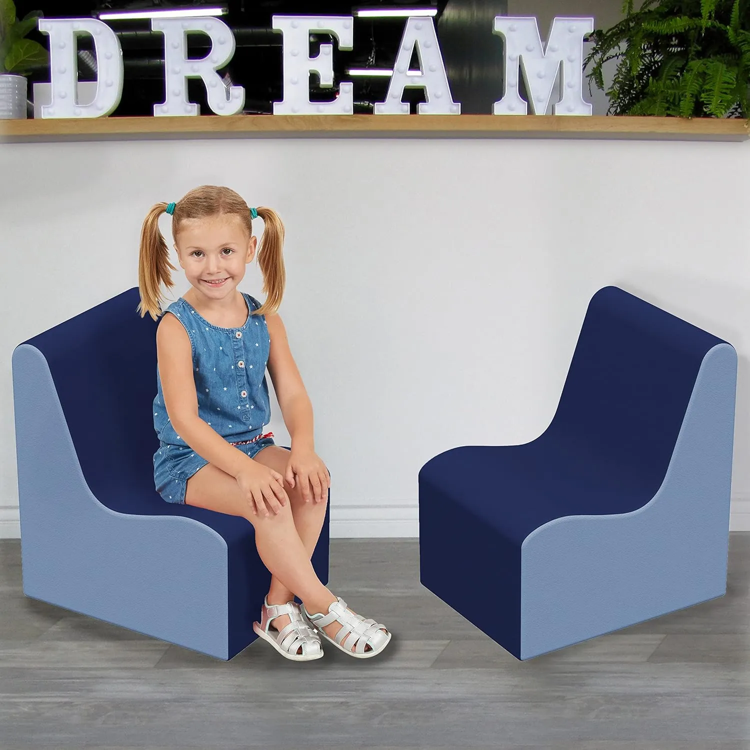 Factory Direct Partners 10466-NVPB SoftScape Wave Preschool Chair Seating Set, Children"s Soft Supportive Foam Furniture for Home, Kid"s Playroom, Bedroom, Classroom, Waiting Areas - Navy/Powder Blue