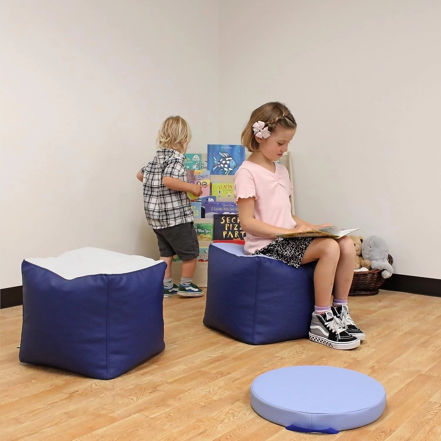 Factory Direct Partners 13043-NVPB SoftScape 14" Square Bean Bag Poufs for Kids (2-Piece Set) - Navy/Powder Blue