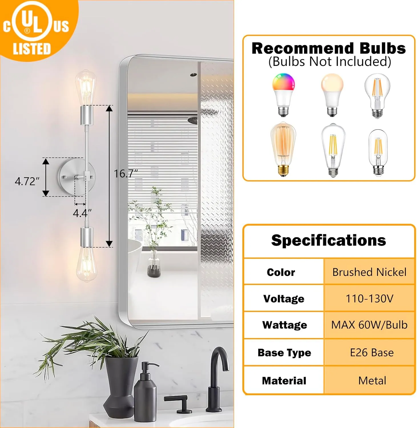 FadimiKoo 2-Light Brushed Nickel Vanity Lights for Bathroom, Silver Bathroom Lighting Fixtures Over Mirror, Modern Indoor Wall Sconce Lighting for Bedroom Living Room Kitchen (1 Pack)