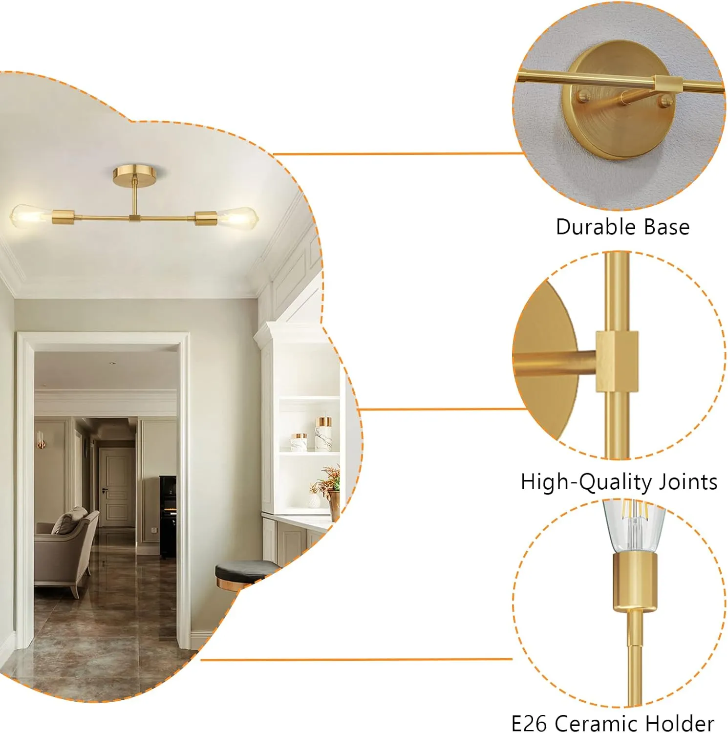 FadimiKoo 2-Light Gold Sconces Wall Light Fixtures, Bathroom Vanity Light Fixtures Over Mirror, Modern Brushed Brass Indoor Semi Flush Mount Lighting for Hallway Bedroom Kitchen (1 Pack)