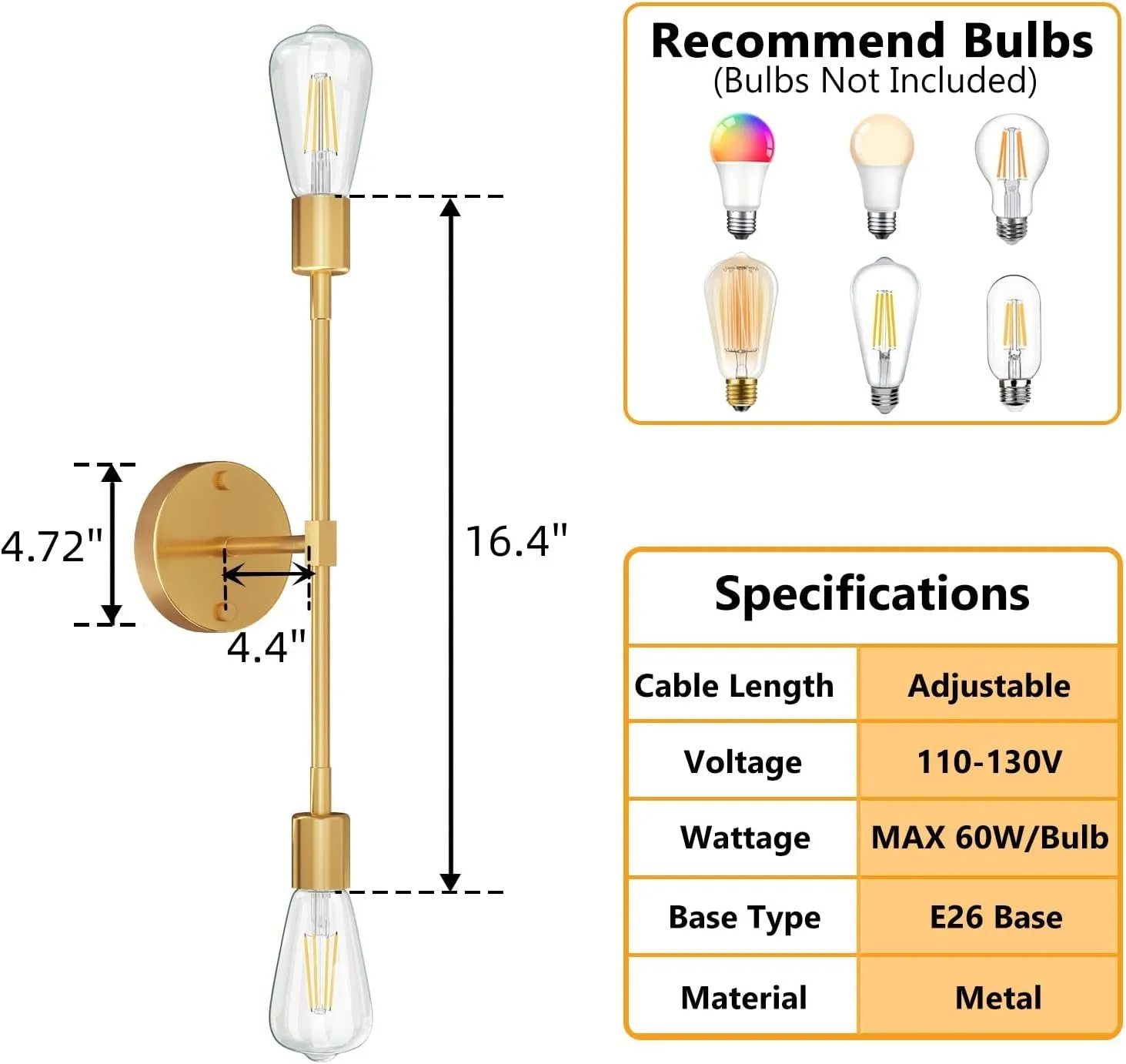 FadimiKoo 2-Light Gold Sconces Wall Light Fixtures, Bathroom Vanity Light Fixtures Over Mirror, Modern Brushed Brass Indoor Semi Flush Mount Lighting for Hallway Bedroom Kitchen (1 Pack)