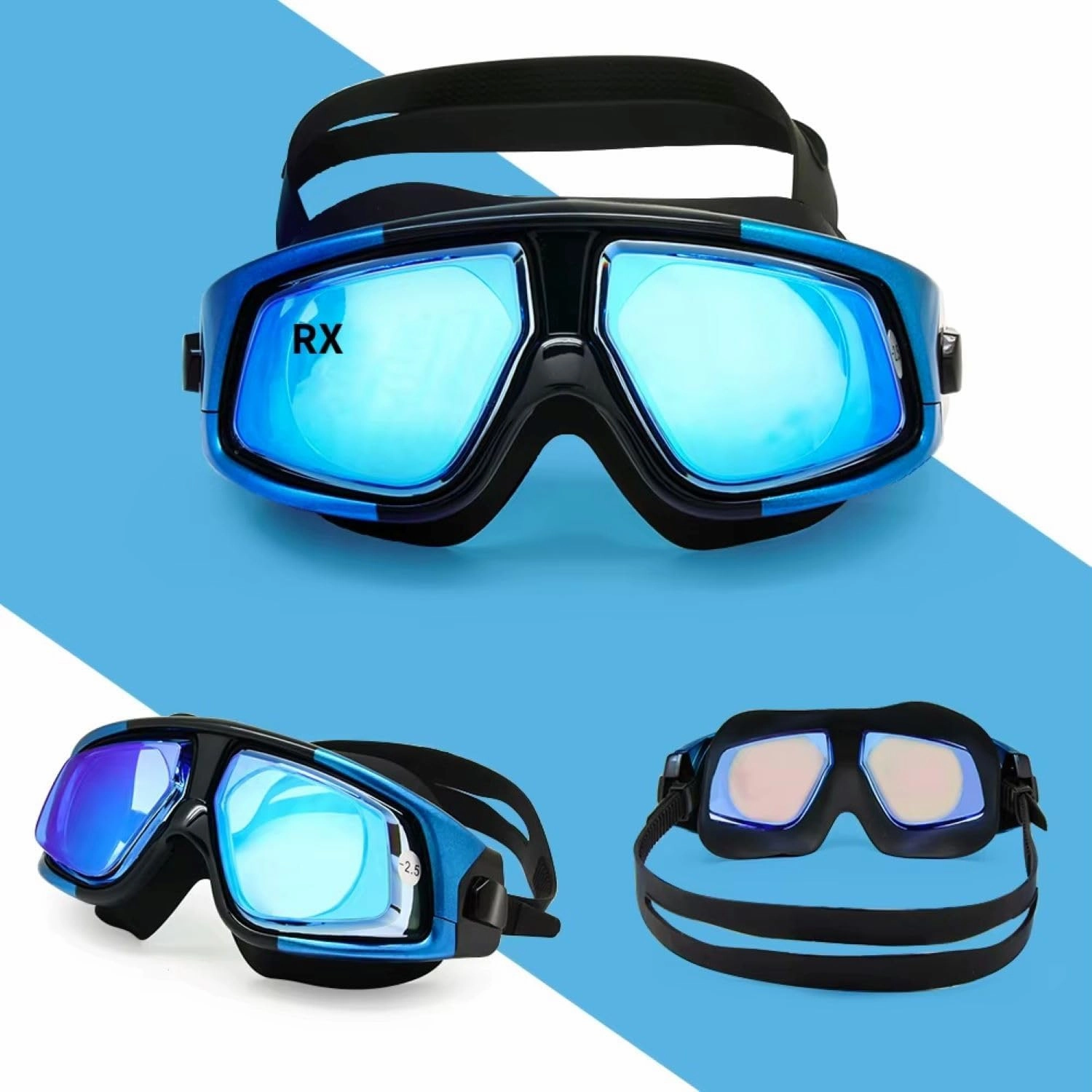 Farsighted  2.0 to  6.0 Optical Swim Goggles, Anti-Fog, UV Protected Big mask swimming goggles (Blue)