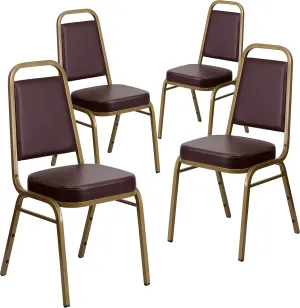 Flash Furniture 4 Pack HERCULES Series Trapezoidal Back Stacking Banquet Chair in Brown Vinyl - Gold Frame